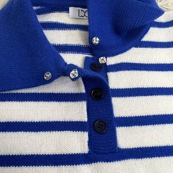 Womens Vintage 70s Acrylic Women Henley Sweater Large White Blue Striped Medium - Picture 3 of 11